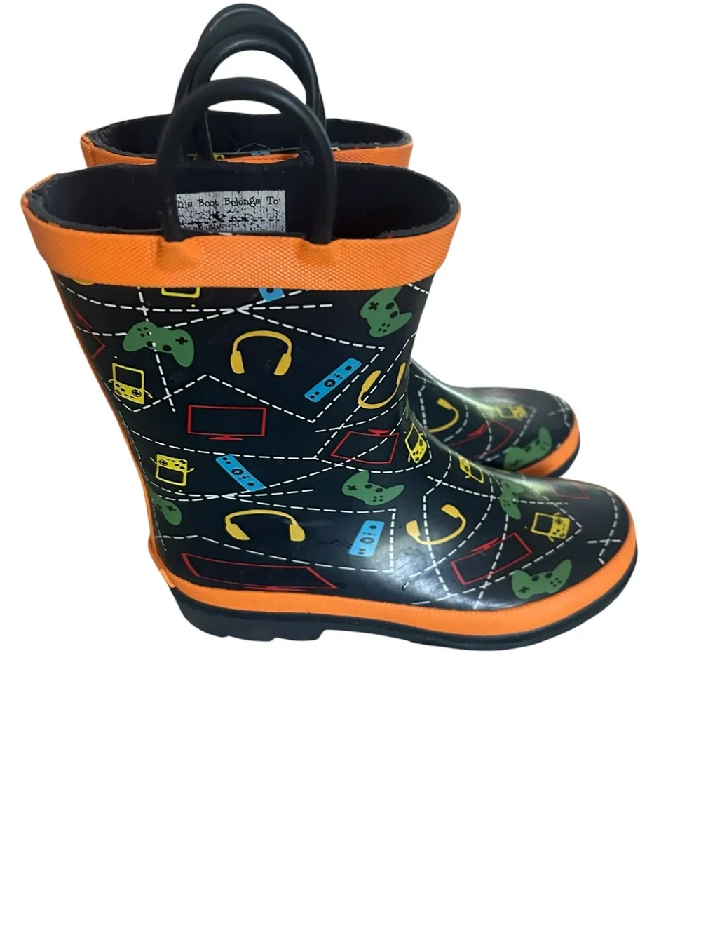 Kids Black Orange Trim Rain Boots with Game Controller Print size 13